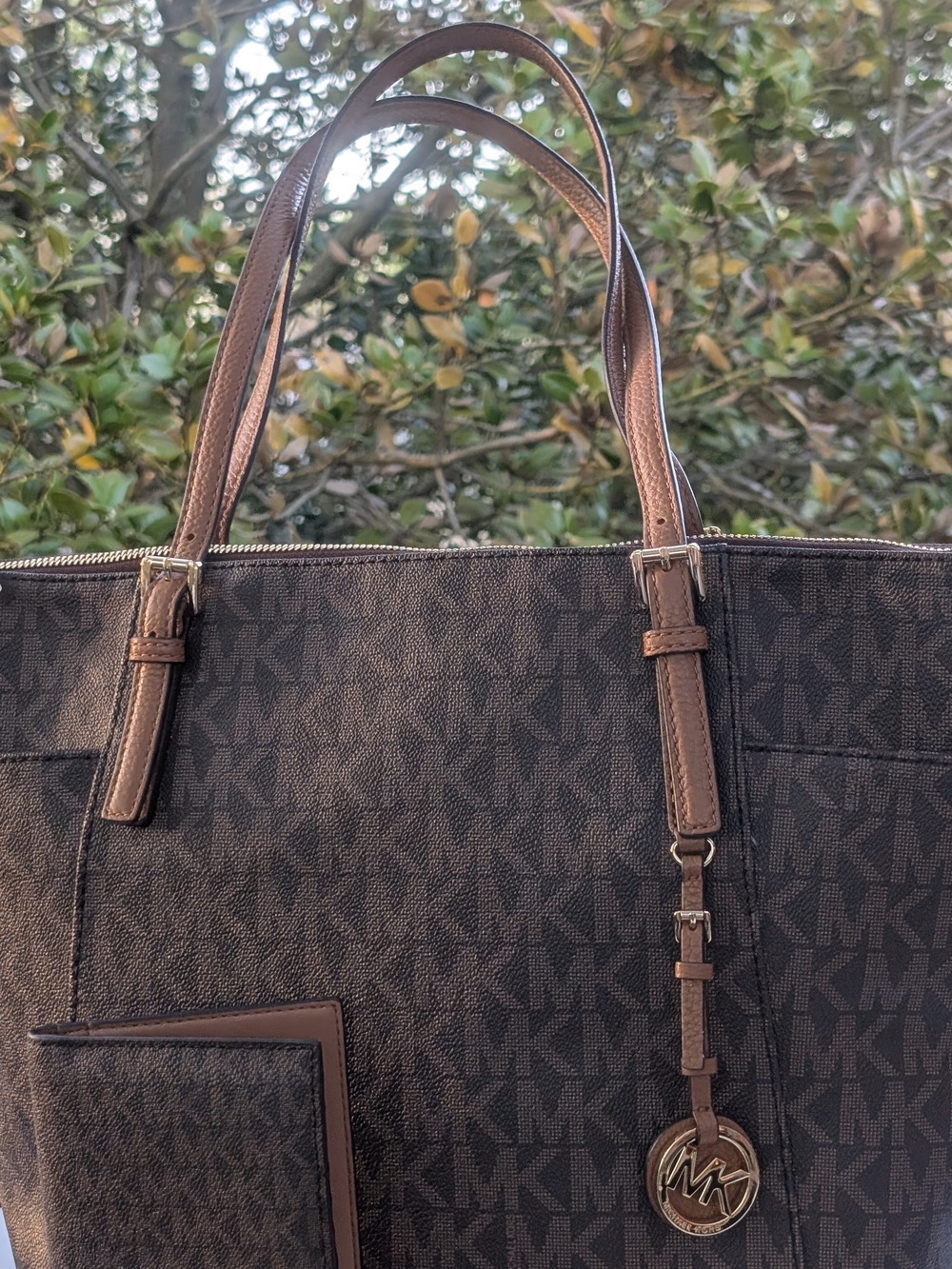 Michael Kors Brown MK Logo Tote with Leather Trim